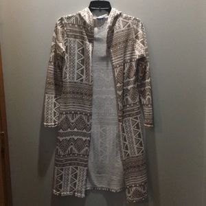 Long cream and tan Aztec style cardigan with hood.